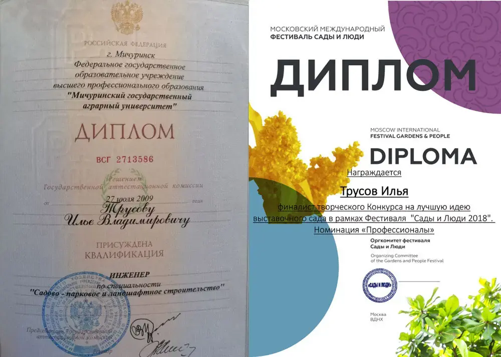 Диплом финалиста конкурса Сады и люди Ильи Трусова
